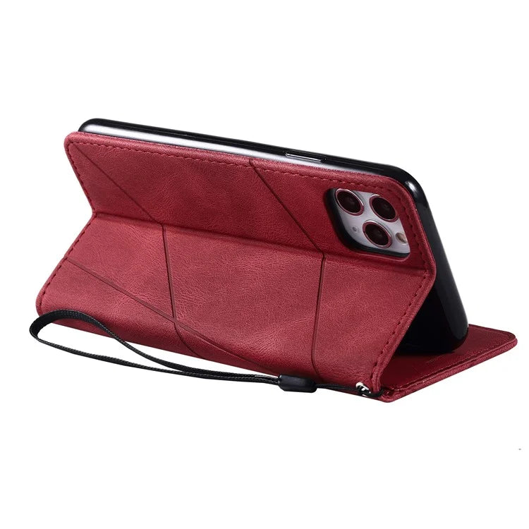 For iPhone 11 Pro Max Case Splicing PU Leather Phone Wallet Cover Lines Imprinted