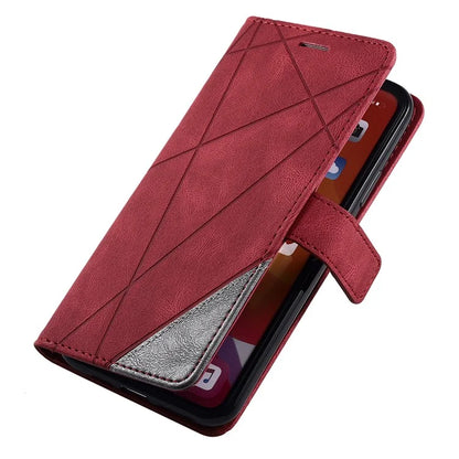 For iPhone 11 Pro Max Case Splicing PU Leather Phone Wallet Cover Lines Imprinted