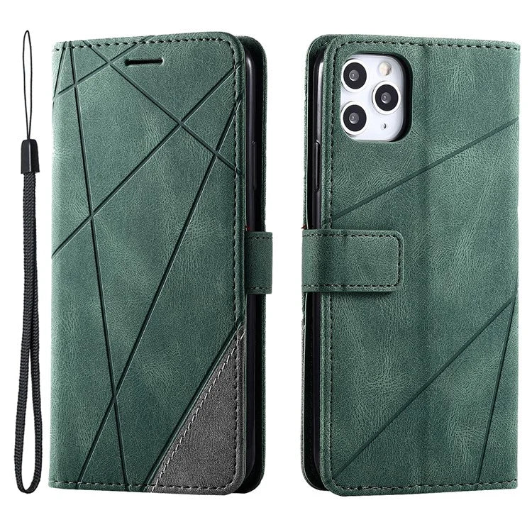 For iPhone 11 Pro Max Case Splicing PU Leather Phone Wallet Cover Lines Imprinted