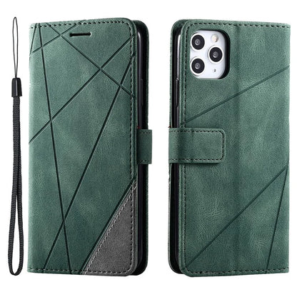 For iPhone 11 Pro Max Case Splicing PU Leather Phone Wallet Cover Lines Imprinted