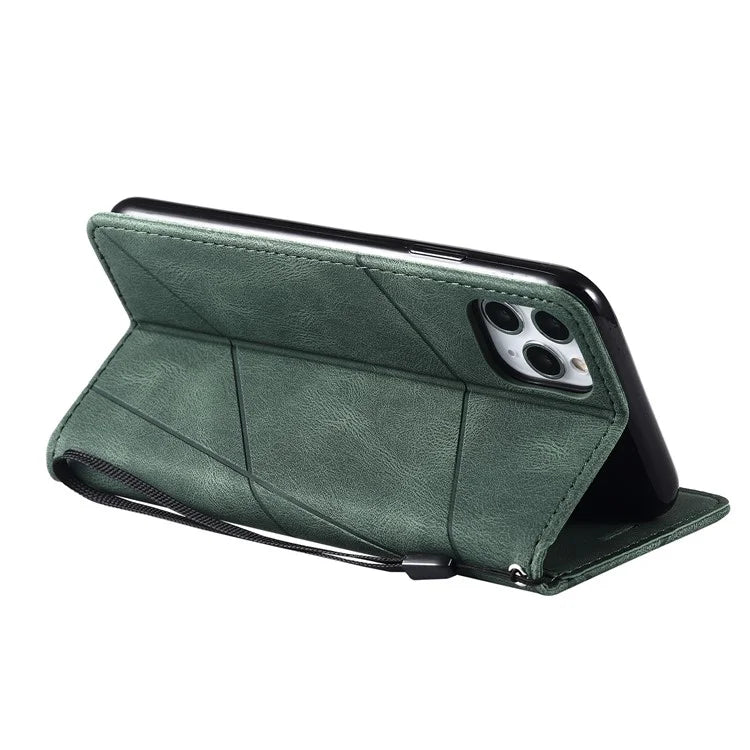 For iPhone 11 Pro Max Case Splicing PU Leather Phone Wallet Cover Lines Imprinted