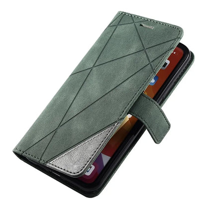 For iPhone 11 Pro Max Case Splicing PU Leather Phone Wallet Cover Lines Imprinted