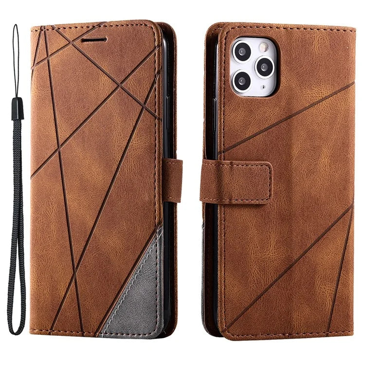 For iPhone 11 Pro Max Case Splicing PU Leather Phone Wallet Cover Lines Imprinted
