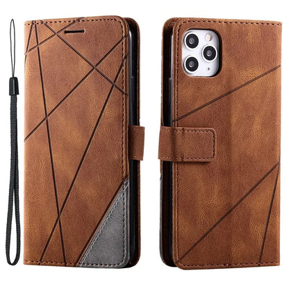 For iPhone 11 Pro Max Case Splicing PU Leather Phone Wallet Cover Lines Imprinted