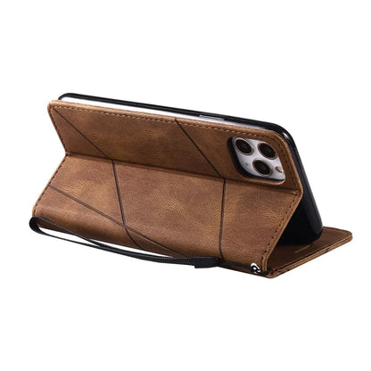 For iPhone 11 Pro Max Case Splicing PU Leather Phone Wallet Cover Lines Imprinted