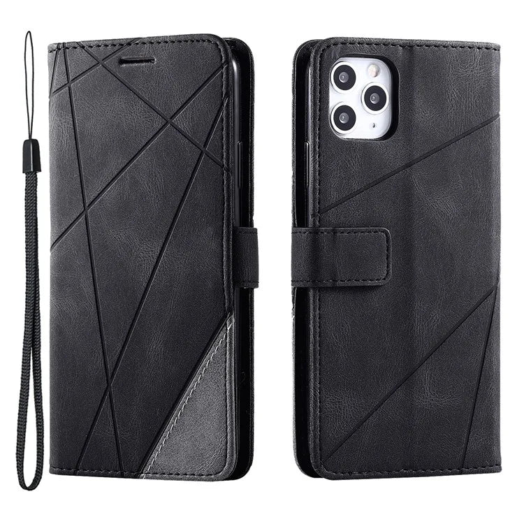 For iPhone 11 Pro Max Case Splicing PU Leather Phone Wallet Cover Lines Imprinted