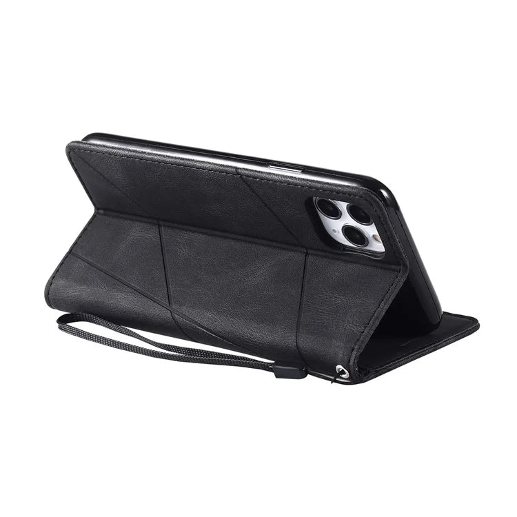 For iPhone 11 Pro Max Case Splicing PU Leather Phone Wallet Cover Lines Imprinted