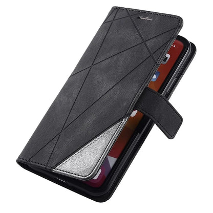 For iPhone 11 Pro Max Case Splicing PU Leather Phone Wallet Cover Lines Imprinted