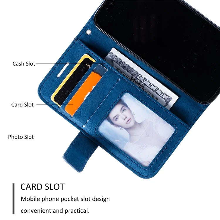 For iPhone 14 Wallet Case Splicing Leather Stand Phone Cover with Hand Strap