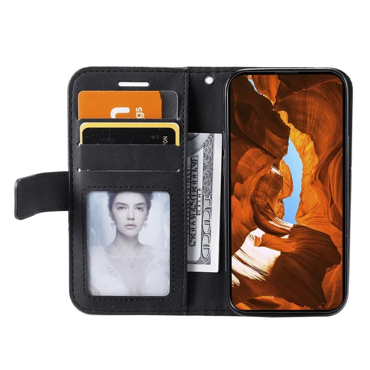 For iPhone 14 Wallet Case Splicing Leather Stand Phone Cover with Hand Strap