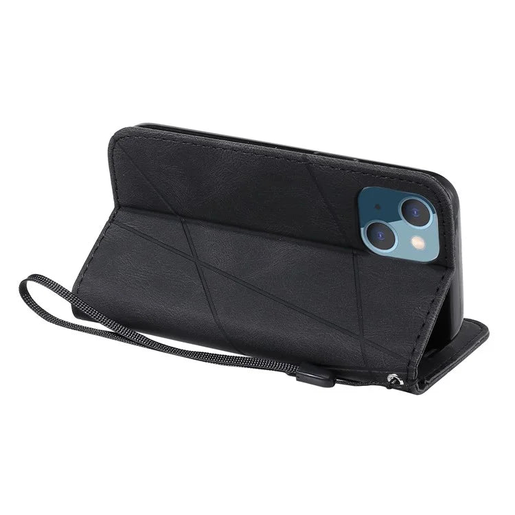 For iPhone 14 Wallet Case Splicing Leather Stand Phone Cover with Hand Strap