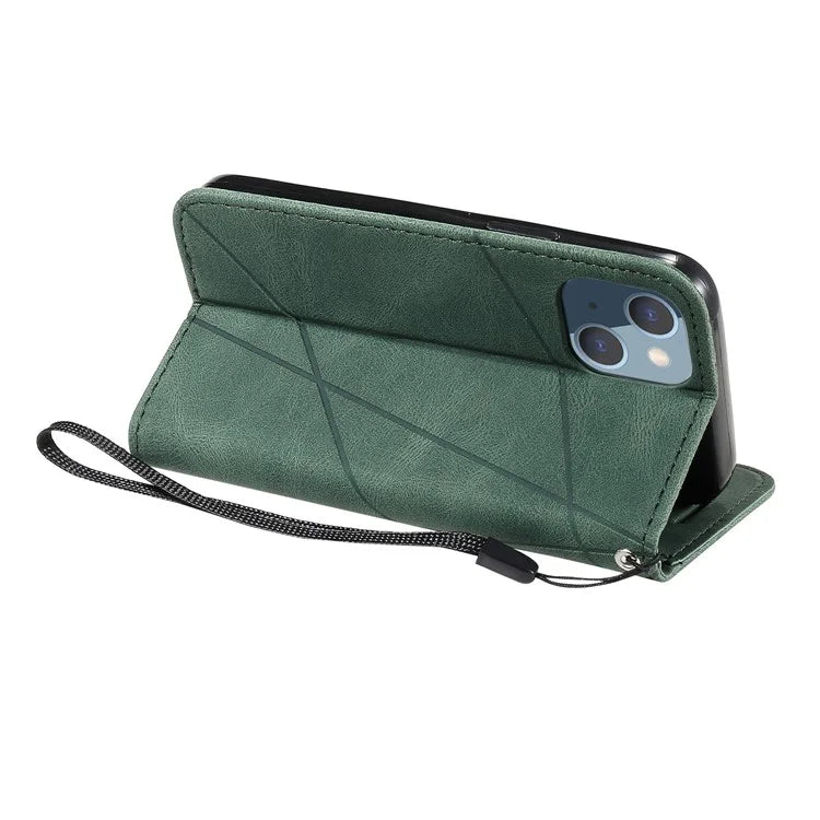 For iPhone 14 Wallet Case Splicing Leather Stand Phone Cover with Hand Strap
