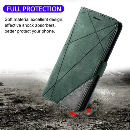 For iPhone 14 Wallet Case Splicing Leather Stand Phone Cover with Hand Strap