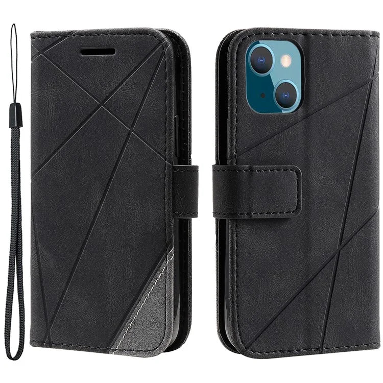 For iPhone 15 Plus Case Imprinted Splicing Design Leather Cover with Wrist Strap