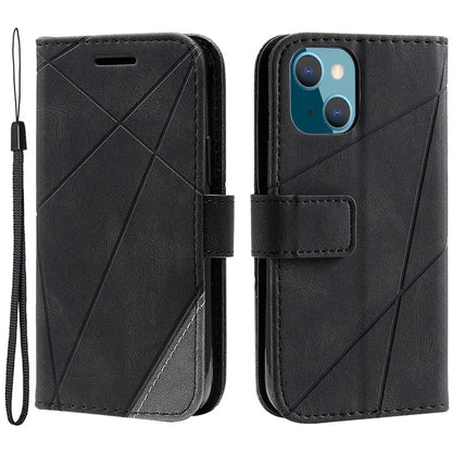 For iPhone 15 Plus Case Imprinted Splicing Design Leather Cover with Wrist Strap