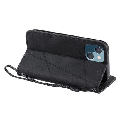 For iPhone 15 Plus Case Imprinted Splicing Design Leather Cover with Wrist Strap