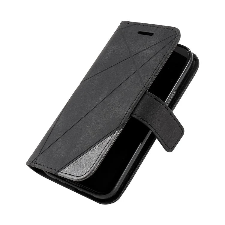 For iPhone 15 Plus Case Imprinted Splicing Design Leather Cover with Wrist Strap