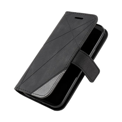 For iPhone 15 Plus Case Imprinted Splicing Design Leather Cover with Wrist Strap