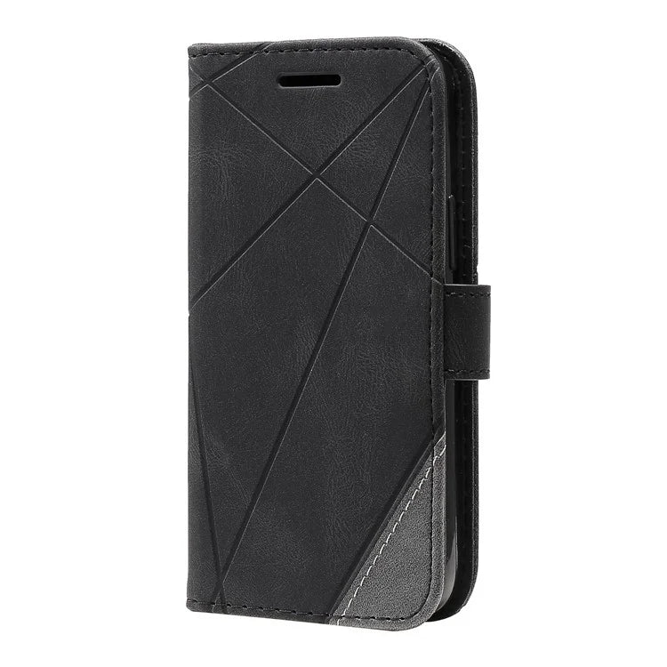 For iPhone 15 Plus Case Imprinted Splicing Design Leather Cover with Wrist Strap