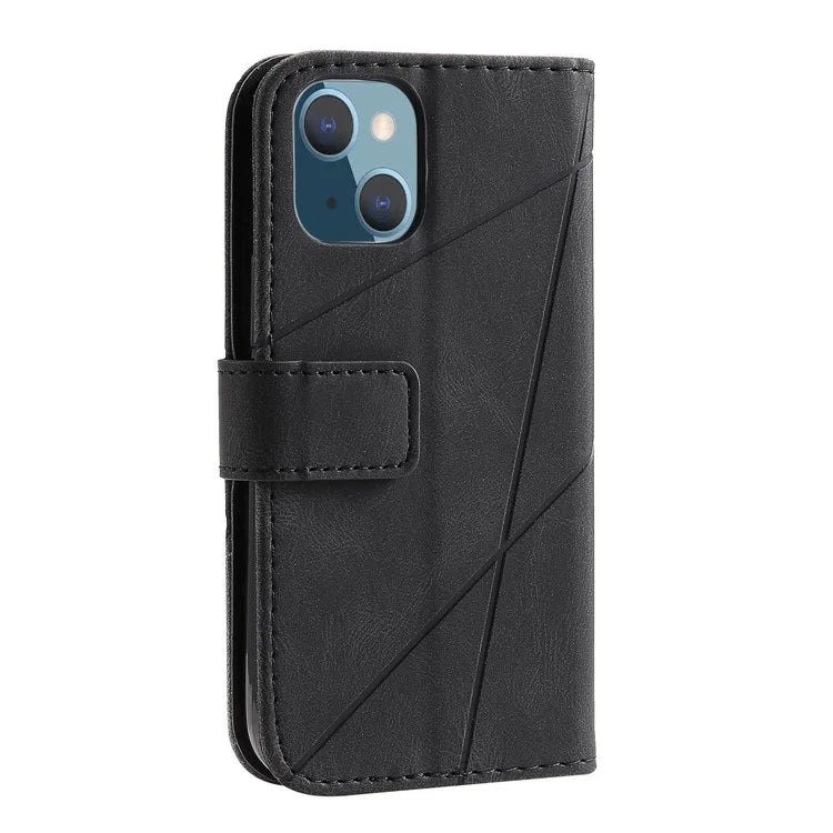 For iPhone 15 Plus Case Imprinted Splicing Design Leather Cover with Wrist Strap