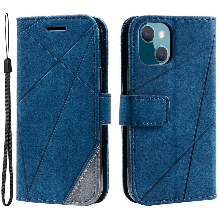 For iPhone 15 Plus Case Imprinted Splicing Design Leather Cover with Wrist Strap