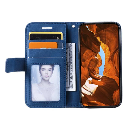 For iPhone 15 Plus Case Imprinted Splicing Design Leather Cover with Wrist Strap