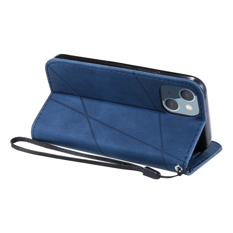For iPhone 15 Plus Case Imprinted Splicing Design Leather Cover with Wrist Strap