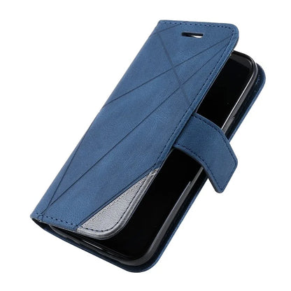 For iPhone 15 Plus Case Imprinted Splicing Design Leather Cover with Wrist Strap