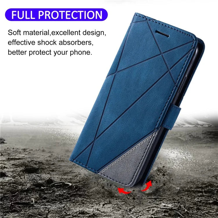 For iPhone 15 Plus Case Imprinted Splicing Design Leather Cover with Wrist Strap