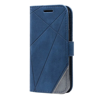 For iPhone 15 Plus Case Imprinted Splicing Design Leather Cover with Wrist Strap