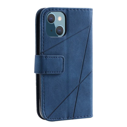 For iPhone 15 Plus Case Imprinted Splicing Design Leather Cover with Wrist Strap