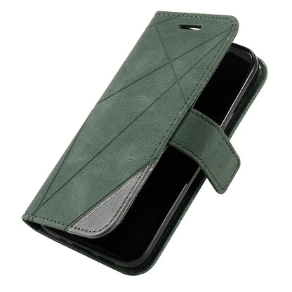 For iPhone 15 Plus Case Imprinted Splicing Design Leather Cover with Wrist Strap