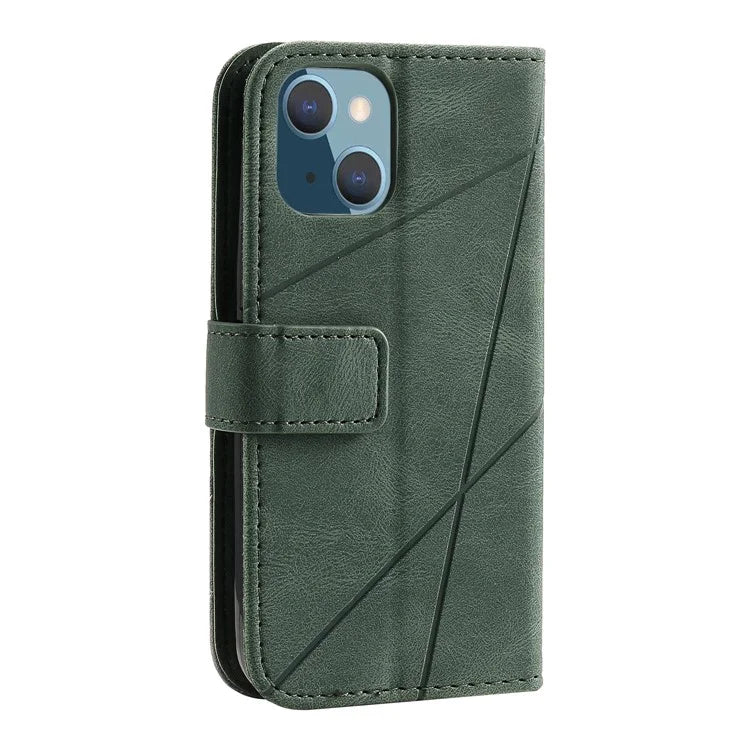 For iPhone 15 Plus Case Imprinted Splicing Design Leather Cover with Wrist Strap