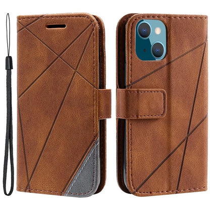 For iPhone 15 Plus Case Imprinted Splicing Design Leather Cover with Wrist Strap
