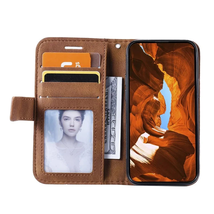 For iPhone 15 Plus Case Imprinted Splicing Design Leather Cover with Wrist Strap