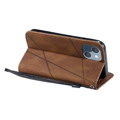 For iPhone 15 Plus Case Imprinted Splicing Design Leather Cover with Wrist Strap