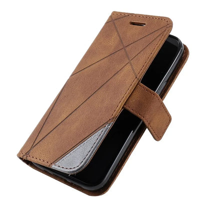 For iPhone 15 Plus Case Imprinted Splicing Design Leather Cover with Wrist Strap