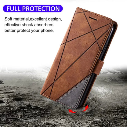 For iPhone 15 Plus Case Imprinted Splicing Design Leather Cover with Wrist Strap