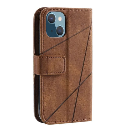 For iPhone 15 Plus Case Imprinted Splicing Design Leather Cover with Wrist Strap