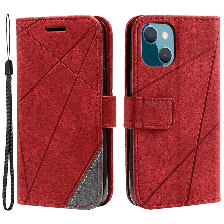 For iPhone 15 Plus Case Imprinted Splicing Design Leather Cover with Wrist Strap