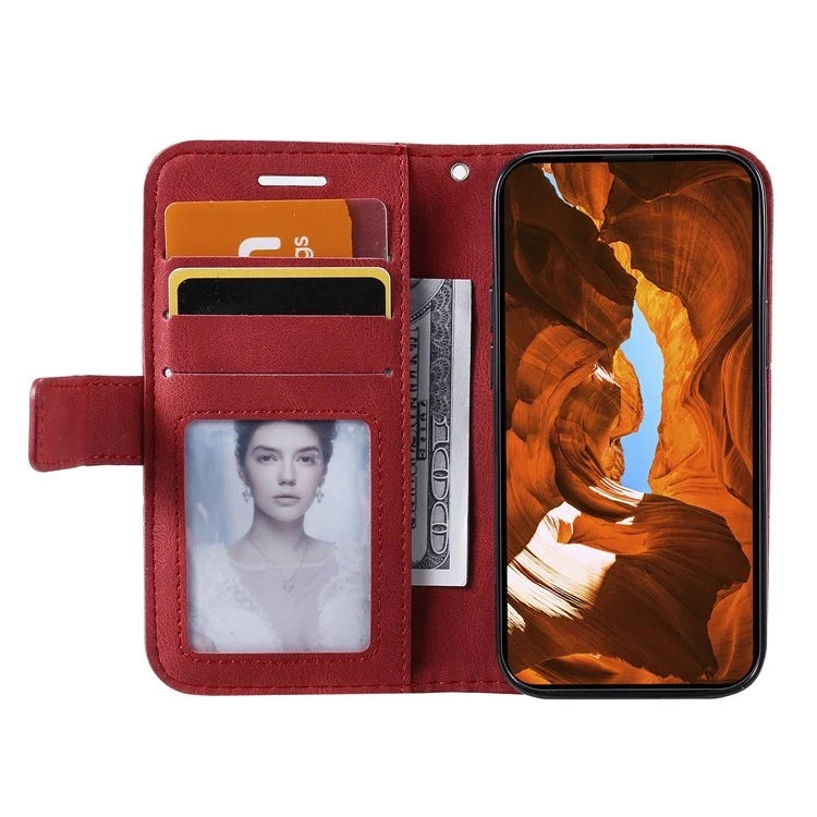 For iPhone 15 Plus Case Imprinted Splicing Design Leather Cover with Wrist Strap