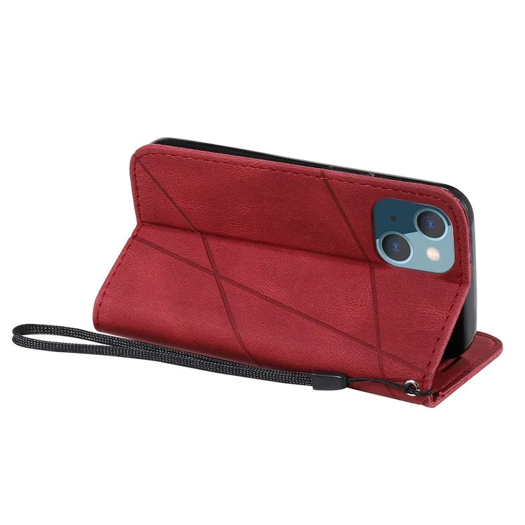 For iPhone 15 Plus Case Imprinted Splicing Design Leather Cover with Wrist Strap