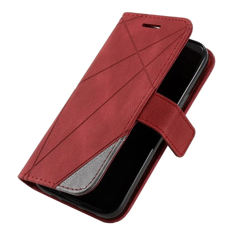 For iPhone 15 Plus Case Imprinted Splicing Design Leather Cover with Wrist Strap