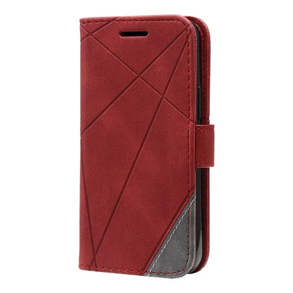 For iPhone 15 Plus Case Imprinted Splicing Design Leather Cover with Wrist Strap