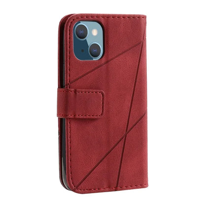 For iPhone 15 Plus Case Imprinted Splicing Design Leather Cover with Wrist Strap