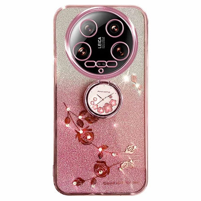 KADEM For Xiaomi 14 Ultra Case Kickstand Rhinestone Flower Anti-Scratch TPU Phone Cover