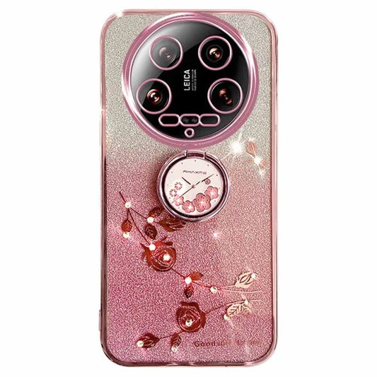 KADEM For Xiaomi 14 Ultra Case Kickstand Rhinestone Flower Anti-Scratch TPU Phone Cover