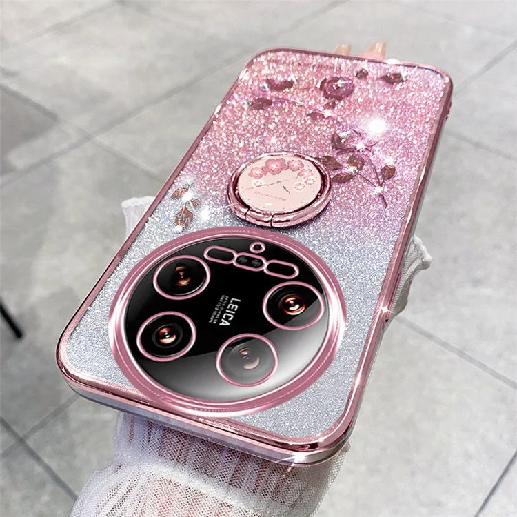 KADEM For Xiaomi 14 Ultra Case Kickstand Rhinestone Flower Anti-Scratch TPU Phone Cover