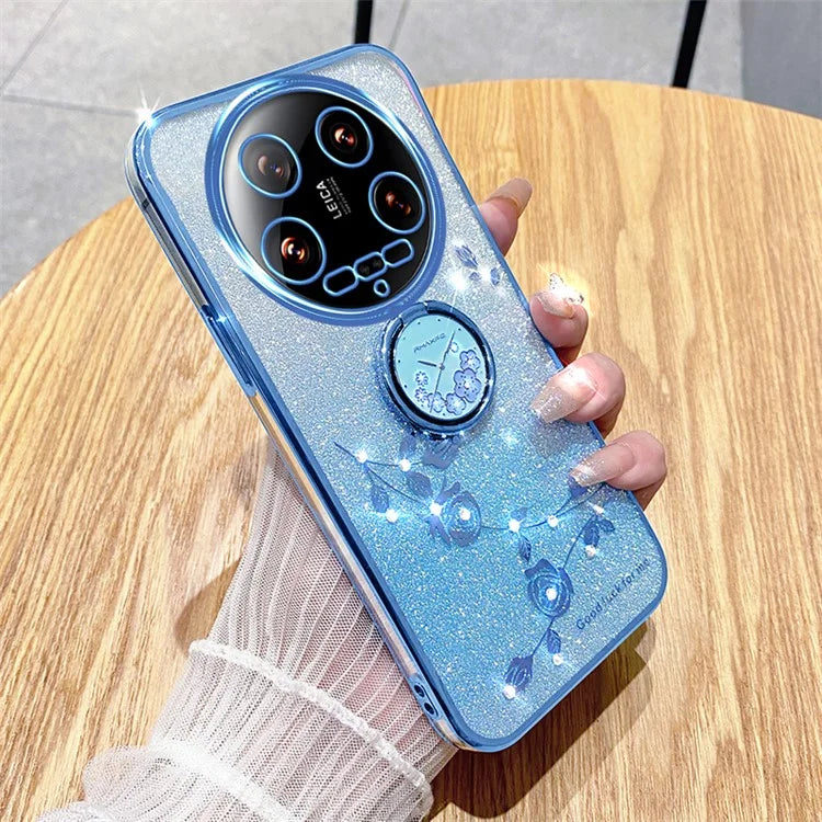 KADEM For Xiaomi 14 Ultra Case Kickstand Rhinestone Flower Anti-Scratch TPU Phone Cover