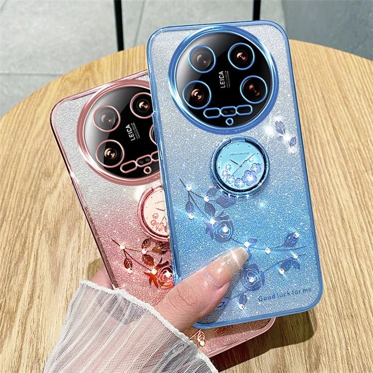 KADEM For Xiaomi 14 Ultra Case Kickstand Rhinestone Flower Anti-Scratch TPU Phone Cover